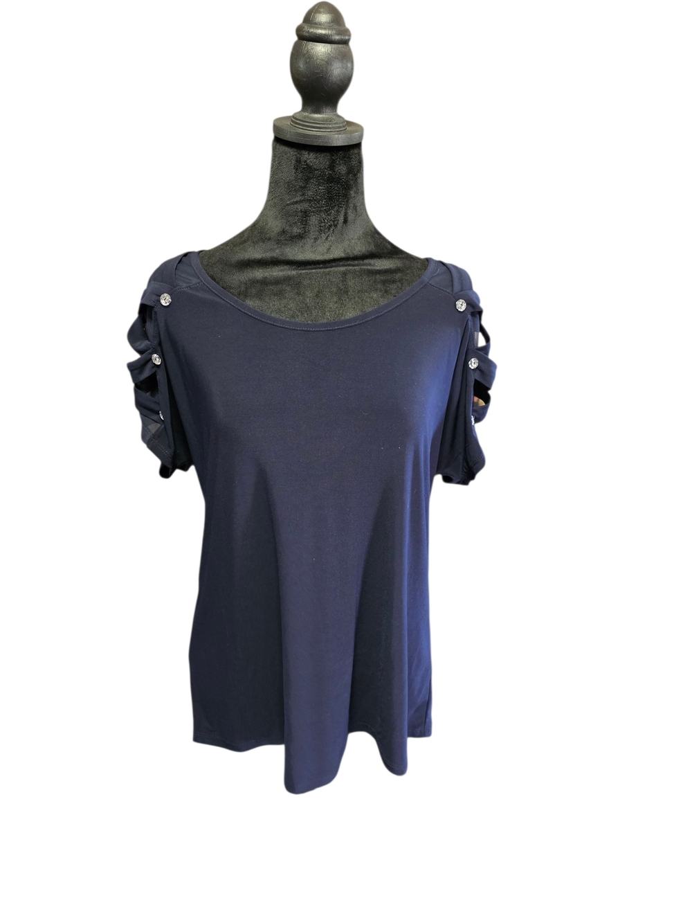 Women's Navy Cold-Shoulder Short Sleeve Top with Ladder Sleeve Detail